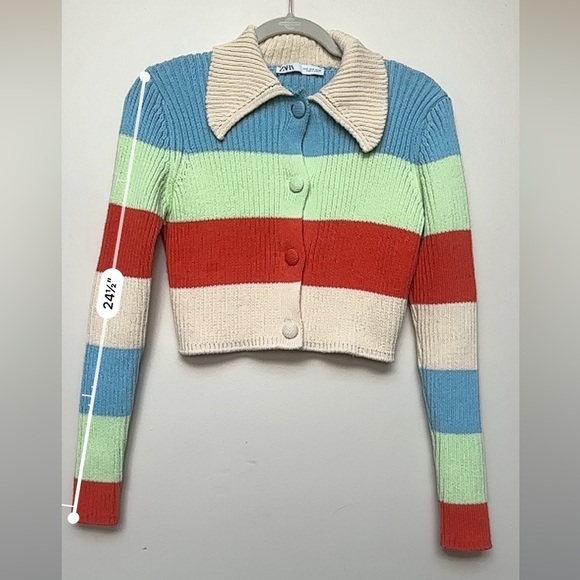Zara Colorblock Striped Ribbed Knit Cropped Cardigan Sweater Size Small - Picture 7 of 9